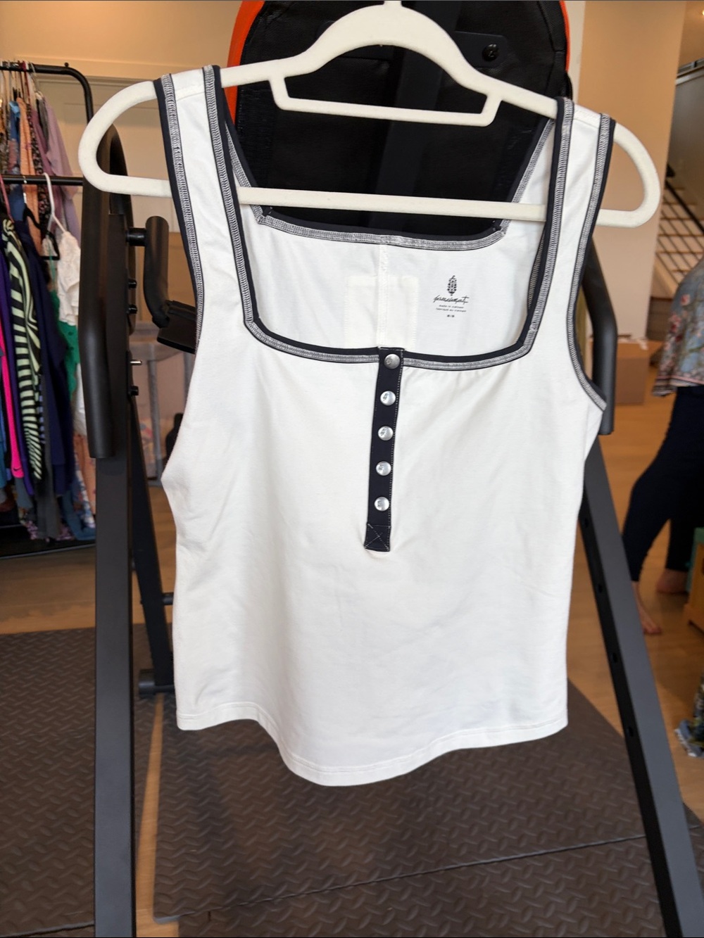 Free People White Tank with Navy Trim and Button Placket Detail